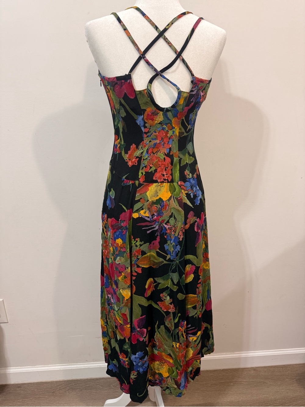 Carole Little Vintage 90's Multicolor Floral X-Back Design Midi Dress Size 4 - Picture 4 of 10